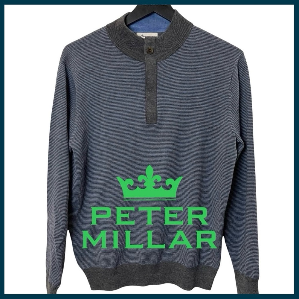Peter Millar Grey/Blue Needle Stripe Fine Merino Wool 1/4 Zip Sweater (S)
